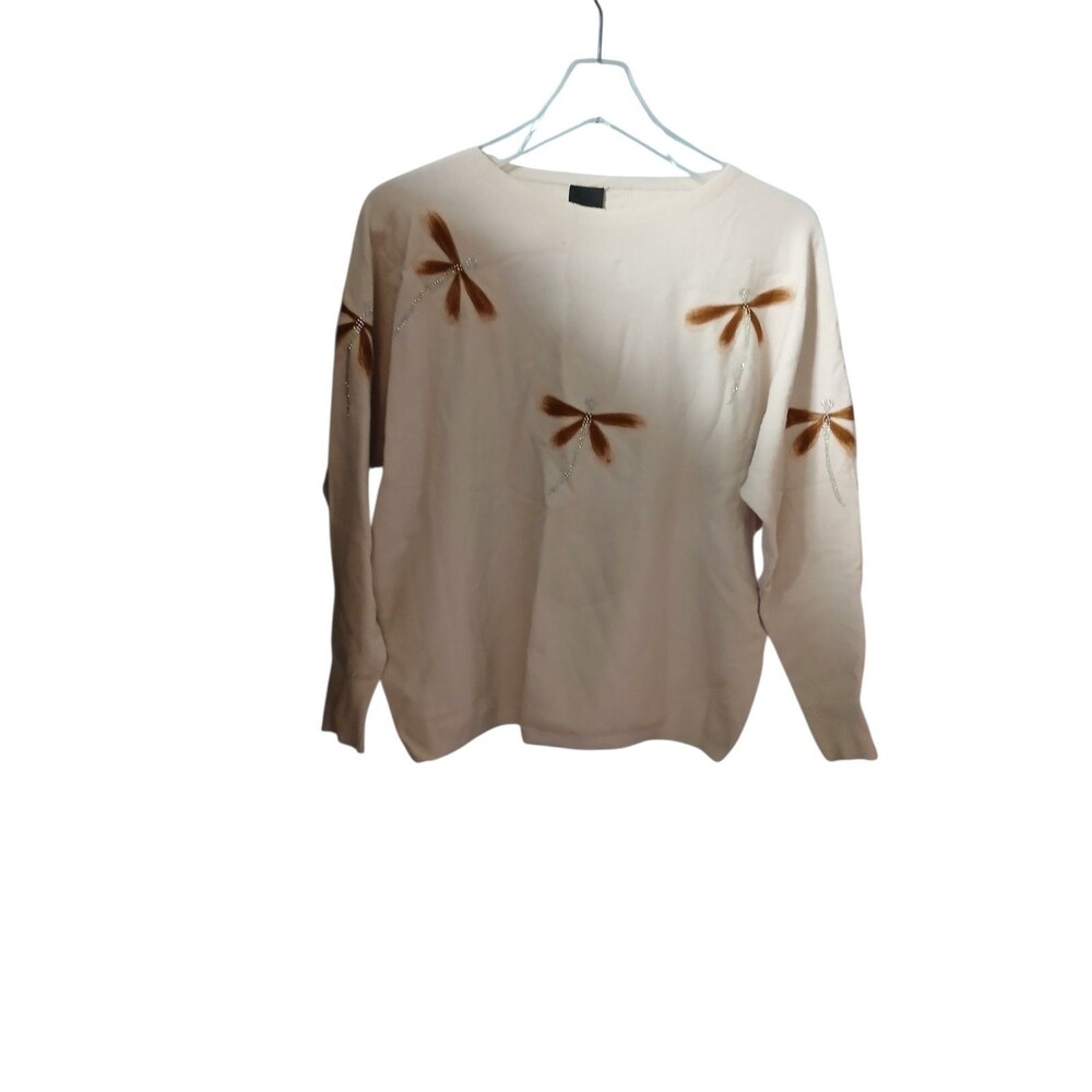 Aacda Women Sweater Size Small Cream Dragonfly Embellished Knit Long Sleeve Top